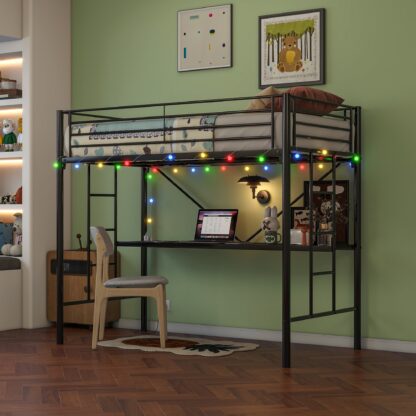Kumix Loft Bed Twin Size, Metal Loft Bed with Desk, Power Outlet and LED Lighted for Kids Teens Adults, Twin Loft Bed with Safety Guard & Ladder for Bedroom, No Box Spring Needed, Black