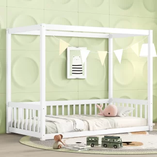 Kumix Canopy Frame Floor Bed with Fence Guardrails and a Roof Frame, Twin Floor Bed without Slats, Wood Toddler Floor Bed for Kids Boys & Girls, No Box Spring Needed, Noise-Free, White