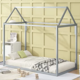 Kumix Floor Bed with a Roof Frame and Slats Support, Metal Twin Size House Shape Platform Bed for Kids Boys Girls, Toddler Floor Beds for Bedroom, Twin Beds Low Profile, Noise-Free, Silver
