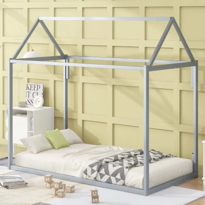 Kumix Floor Bed with a Roof Frame and Slats Support, Metal Twin Size House Shape Platform Bed for Kids Boys Girls, Toddler Floor Beds for Bedroom, Twin Beds Low Profile, Noise-Free, Silver