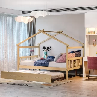 Kumix Platform Bed with Trundle, Twin Size Wooden House Bed with Roof Frame, Headboard and Footboard for Kids, Teens, Guests, Heavy Duty House Bed with Twin Trundle, Easy Assembly, Natural