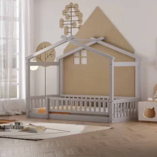 Kumix Floor Bed with Roof, Fence Guardrail, Wooden House Twin Size Bed with Slats Support for Kids Teens, Girls, Boys, Toddler Floor Bed for Bedroom, No Box Spring Needed, Easy Assembly, Gray