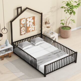 Kumix Metal House Floor Bed with Fence Guardrail and Chimney, Full Floor Bed for Kids Toddlers, No Weight Capacity Limit, Heavy Duty Floor Bed Frame for Bedroom, Easy Assembly, Black
