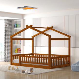Kumix Floor Bed with Roof, Fence Guardrail, Wooden Full Size House Bed with Slats Support for Kids Teens, Girls, Boys, Toddler Floor Bed for Bedroom, No Box Spring Needed, Easy Assembly, Walnut