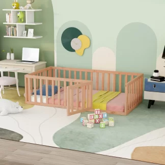 Kumix Twin Floor Bed for Kids with Fence and Door, Wood Floor Bed Frame for Toddler 1-3 Aged, Noise-Free Low Floor Bed for Bedroom, Dorm, No Weight Capacity Limit, Easy Assembly, Natural
