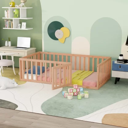 Kumix Twin Floor Bed for Kids with Fence and Door, Wood Floor Bed Frame for Toddler 1-3 Aged, Noise-Free Low Floor Bed for Bedroom, Dorm, No Weight Capacity Limit, Easy Assembly, Natural