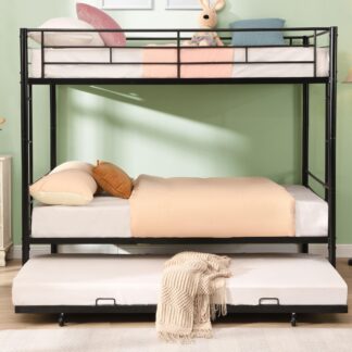 Kumix Bunk Bed with Trundle, Metal Full over Full Bunk Bed with Full-Length Guardrail and 2 Ladders for Kids Teens Adults, Heavy Duty Bunk Bed Frame Able to Split, No Box Spring Needed, Black