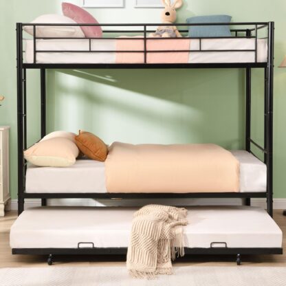 Kumix Bunk Bed with Trundle, Metal Full over Full Bunk Bed with Full-Length Guardrail and 2 Ladders for Kids Teens Adults, Heavy Duty Bunk Bed Frame Able to Split, No Box Spring Needed, Black