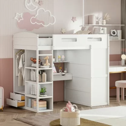 Kumix Loft Bed Twin Size with Desk, Wardrobes, 4 Drawers and 4 Shelves, Wood Loft Bed Frame with Full Length Guardrail and Ladder for Kids Teens Adults, Noise-Free, Easy Assembly, White