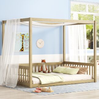 Kumix Wood Canopy Frame Floor Bed with Fence Guardrails and a Roof, Full Floor Bed without Slats, Toddler Floor Bed for Kids Boys & Girls, No Box Spring Needed, Noise-Free, Easy Assembly, Natural