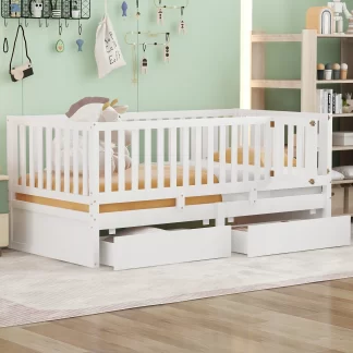 Kumix Wood Daybed with Fence Guardrails and 2 Drawers, Twin Size Bed Can Split into Independent Floor Bed & Daybed Slats Support for Kids Teens Adults, No Box Spring Needed, Easy Assembly, White