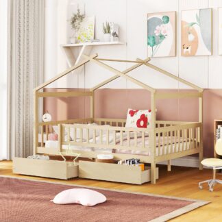 Kumix Platform Bed with Two Drawers, Wooden Full Size House Bed with Fence Guardrail and Slats Support for Kids Teens Boys and Girls, House Bed for Bedroom, Easy Assembly, Natural