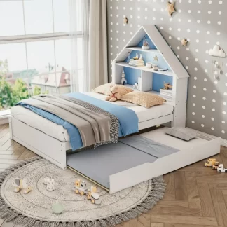 Kumix Full Size House-Shaped Bed with Bookcase Headboard and LED Light and Twin Size Trundle for Kids Boys Girls, Wooden Platform Bed for Bedroom, No Box Spring Needed, Blue+White