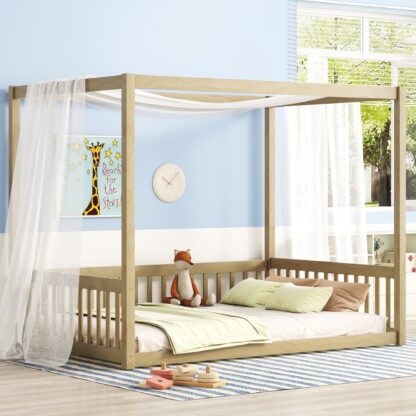 Kumix Wood Canopy Frame Floor Bed with Fence Guardrails and a Roof, Full Floor Bed without Slats, Toddler Floor Bed for Kids Boys & Girls, No Box Spring Needed, Noise-Free, Easy Assembly, Natural