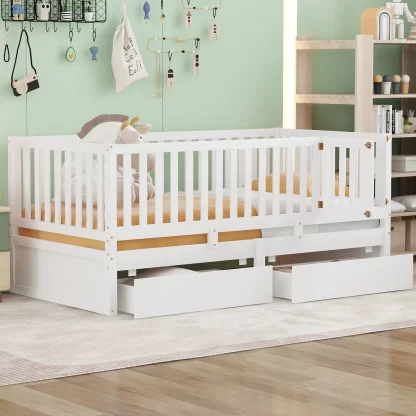 Kumix Wood Daybed with Fence Guardrails and 2 Drawers, Twin Size Bed Can Split into Independent Floor Bed & Daybed Slats Support for Kids Teens Adults, No Box Spring Needed, Easy Assembly, White