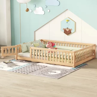 Kumix Floor Bed Full Size, Toddler Bed for Kids Aged 1-3 with Fence and Door, Solid Wood Bed Frame for Bedroom, Apartment, No Box Spring Needed, Noise Free, Natural