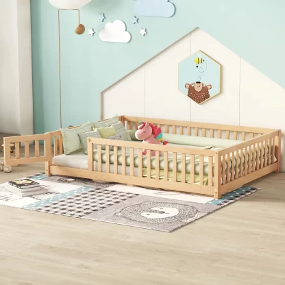 Kumix Floor Bed Full Size, Toddler Bed for Kids Aged 1-3 with Fence and Door, Solid Wood Bed Frame for Bedroom, Apartment, No Box Spring Needed, Noise Free, Natural