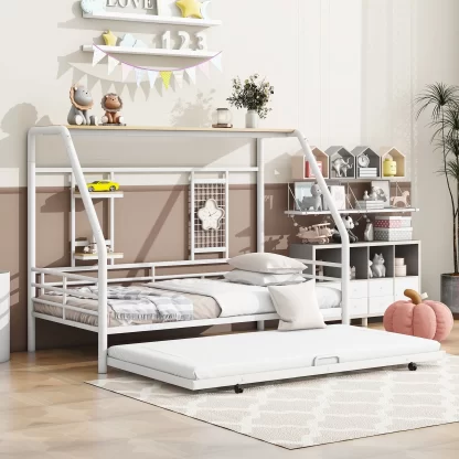 Kumix Platform Bed with Trundle, Shelves and Grid, Twin Size Metal Platform Bed with 3-Sided Guardrail for Kids Teens Guests, 2 in 1 Platform Bed for Bedroom, Guests' Room, Noise-Free, White