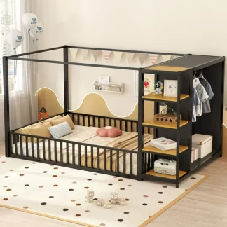 Kumix Floor Bed with Wardrobe and 4-tier Storage Shelves, Metal Full Size Floor Bed Frame with Fence Guardrail for Kids Teens Adults, Heavy Duty Floor Bed for Bedroom, Easy Assembly, Black