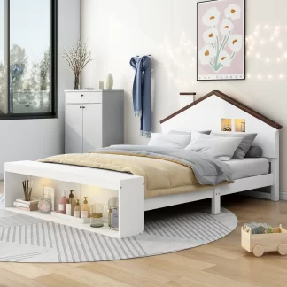 Kumix Platform Bed with LED Lights, Storage Footboard and House-shaped Headboard, Full Size House Bed with Slats Support for Kids Teens, Wooden House Bed Frame for Bedroom, White