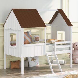 Kumix Loft Bed Twin Size, House Bed with Roof, Two Side Windows, Full Length Guardrail and Inclined Ladder for Kids Teens Boys/Girls, Low Wood Loft Bed for Bedroom, Noise-Free, White+Brown