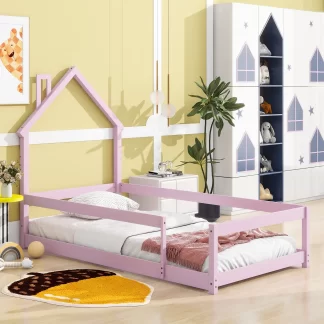 Kumix Twin Floor Bed with House-shaped Headboard and Fences for Kids Teens Boys/Girls, Wood Floor Bed for Toddler 1-3 Aged, No Weight Capacity Limit, Noise-Free, Easy Assembly, Pink