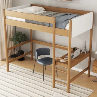 Kumix Loft Bed with Desk, Upholstered Loft Bed Twin Size with Ladder, Safety Guardrails for Kids Teens Adults, Rubber Wooden Loft Bed for Bedroom, Teddy Fleece Fabric Headboard/Footboard, Natural