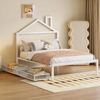 Kumix Platform Bed with Drawers, Full Size Metal House Platform Bed with House-Shaped Headboard Design and Slats Supports for Kids Teens Adults, Noise-Free Platform Bed for Bedroom, Dorm, White