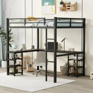 Kumix Loft Bed Full Size, Metal Loft Bed with Desk and Shelves for Kids Teens Adults, Full Loft Bed with Ladder and Guardrails for Bedroom, Noise-Free, Easy Assembly, Space-Saving, Black+Brown