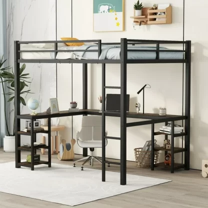 Kumix Loft Bed Full Size, Metal Loft Bed with Desk and Shelves for Kids Teens Adults, Full Loft Bed with Ladder and Guardrails for Bedroom, Noise-Free, Easy Assembly, Space-Saving, Black+Brown