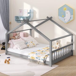 Kumix House Floor Bed with Roof Frame and Slats Support, Full Kids Floor Bed with Headboard and Footboard for Boys and Girls, Heavy Duty Floor Bed Frame for Bedroom, Dorm, Noise-Free, Gray