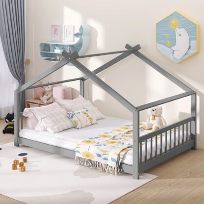 Kumix House Floor Bed with Roof Frame and Slats Support, Full Kids Floor Bed with Headboard and Footboard for Boys and Girls, Heavy Duty Floor Bed Frame for Bedroom, Dorm, Noise-Free, Gray