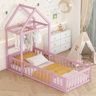 Kumix Wooden Floor Bed with Fence Railings and Detachable House Shape Headboard, Twin Size Bed with Kids Dress Up Rack, Kids Montessori Style Playhouse Frame for Girls Boys, Noise-Free, Pink