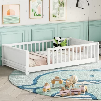 Kumix Floor Bed with Built-in Book Storage Rack, Fence Guardrail, Twin Size Wood Floor Bed for Toddlers 1-3, Montessori Floor Bed for Kids Boys & Girls, Twin Floor Beds, Easy Assembly, White