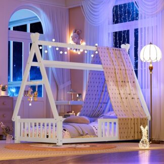 Kumix Floor Bed with Fence Guardrail and Roof, Twin Wooden House Bed Slats Support for Kids Boys Girls, Low House Tent Bed Frame for Bedroom, No Box Spring Needed, Easy Assembly, White