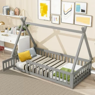 Kumix Floor Bed with Fence Guardrails, Twin Tent-shaped Floor Bed for Kids Boys/Girls, Wood Floor Bed Frame for Toddler 1-3, Low Floor Bed Slat Support, Easy Assembly, Noise-Free, Gray