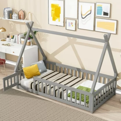 Kumix Floor Bed with Fence Guardrails, Twin Tent-shaped Floor Bed for Kids Boys/Girls, Wood Floor Bed Frame for Toddler 1-3, Low Floor Bed Slat Support, Easy Assembly, Noise-Free, Gray