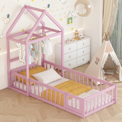Kumix Wooden Floor Bed with Fence Railings and Detachable House Shape Headboard, Twin Size Bed with Kids Dress Up Rack, Kids Montessori Style Playhouse Frame for Girls Boys, Noise-Free, Pink