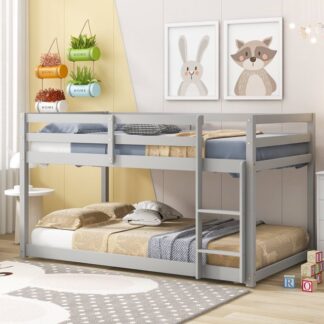 Kumix Bunk Bed with Full Length Guardrail and Build-in Ladder, Wood Low Bunk Bed Twin over Twin with Slats Support, Heavy Duty Bunk Bed Frame for Kids Teens Adults, Noise-Free, Easy Assembly, Gray