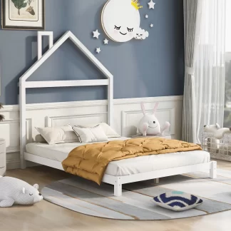 Kumix Platform Bed with House-shaped Headboard, Full Size Wood Platform Bed with Slats Support for Kids Teens Adults, Heavy Duty House Bed for Bedroom, Noise-Free, Easy Assembly, White