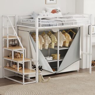 Kumix Loft Bed with Wardrobe and Storage Shelves, Metal Loft Bed Twin Size with Full-Length Guardrail and Stair for Kids Teens Adults, Metal Loft Bed Frame for Bedroom, Dorm, Noise-Free, White