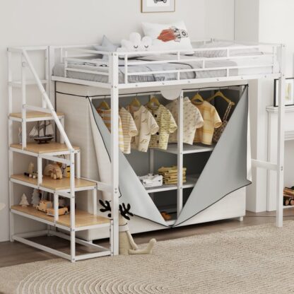 Kumix Loft Bed with Wardrobe and Storage Shelves, Metal Loft Bed Twin Size with Full-Length Guardrail and Stair for Kids Teens Adults, Metal Loft Bed Frame for Bedroom, Dorm, Noise-Free, White