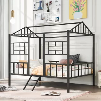 Kumix Loft Bed Full Size, Metal House Loft Bed with Roof Frame and Under Bed Space, Slatted Support, Guardrail and Ladder for Kids Young Teens, Heavy Duty Loft Bed for Bedroom, Black