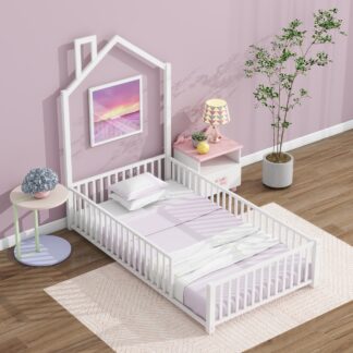 Kumix Metal House Floor Bed with Fence Guardrail and Chimney, Twin Floor Bed for Kids Toddlers, No Weight Capacity Limit, Heavy Duty Floor Bed Frame for Bedroom, Easy Assembly, White