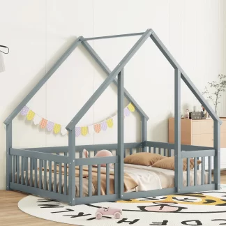 Kumix House-Shaped Floor Bed with Fence Guardrails and Roof, Full Size Floor Bed Frame for Kids Boys & Girls, Wooden Playhouse Bed Frame, Twin Toddler Floor Bed Montessori House Bed Frame, Gray