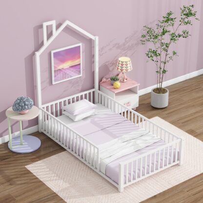 Kumix Metal House Floor Bed with Fence Guardrail and Chimney, Twin Floor Bed for Kids Toddlers, No Weight Capacity Limit, Heavy Duty Floor Bed Frame for Bedroom, Easy Assembly, White