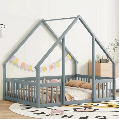 Kumix House-Shaped Floor Bed with Fence Guardrails and Roof, Full Size Floor Bed Frame for Kids Boys & Girls, Wooden Playhouse Bed Frame, Twin Toddler Floor Bed Montessori House Bed Frame, Gray