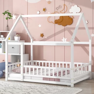 Kumix Floor Bed with House Roof Frame, Fence Guardrails, Wooden Full Size Floor Bed without Slats, Toddler Floor Bed Frame for Kids Boys/Girls, Full Floor Beds Noise-Free, Easy Assembly, White