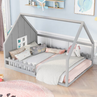 Kumix House Floor Bed with Roof Frame, Window and Fence Guardrail, Wooden Full Size Floor Bed with Slats Support for Kids 1-3 Aged, Toddler Floor Bed for Bedroom, Dorm, Noise-Free, Gray