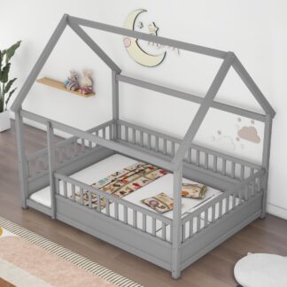 Kumix Full Size Floor Bed with House Roof Frame, Fence Guardrails for Kids Boys/Girls, Wood Floor Bed for Toddler 1-3 Aged, No Limit Weight Capacity, Noise-Free, Easy Assembly, Gray